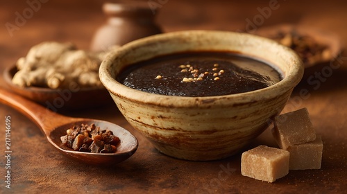 Wooden bowl with cinnamon sticks and spices on wooden surface