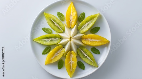 Yellow flower petals arranged in a circular pattern on white background