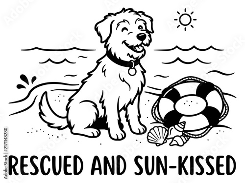 Obraz w ramie Rescued Puppy Beach Vacation with Life Ring