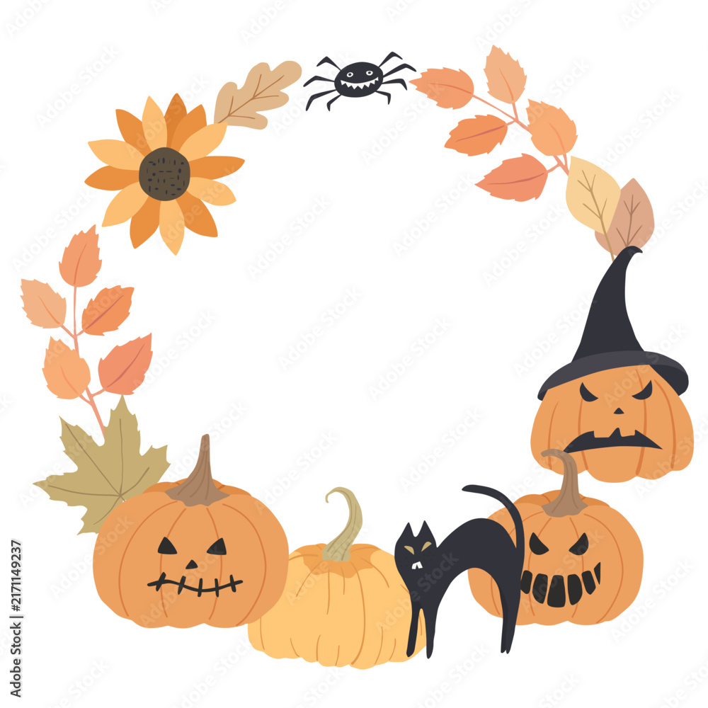 Obraz premium Halloween wreath. Print with cat, pumpkins, leaves. Holiday frame