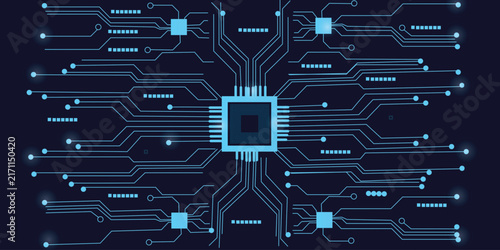 Central processing unit circuit board illustration featuring glowing cyan connection lines on dark background.