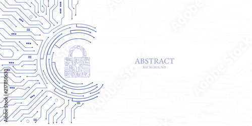 Minimalist digital security background with white and blue lines featuring padlock for cyber data safety concepts.