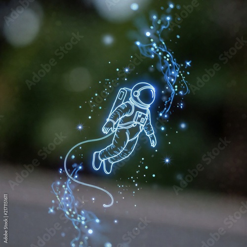 Astronaut illustration floating in space with glowing stars and swirls  