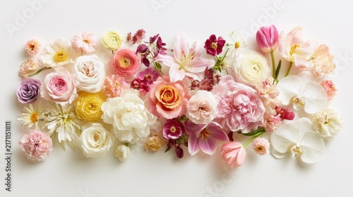 Assorted flowers on a pure white background for banner-ready design