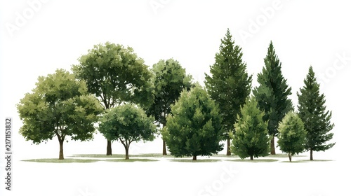 Assorted green trees on white background â€” minimalist botanical illustration collection