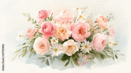 Watercolor floral bouquet illustration with pink roses, peonies and daisies in soft pastels