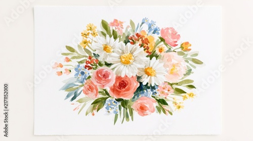 Watercolor illustration of summer flowers with a soft pastel bouquet