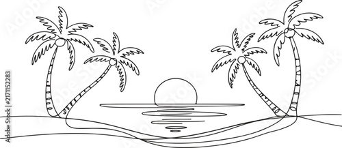 Continuous line drawing of tropical palm trees and sunset on the beach