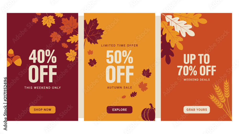 Naklejka premium Autumn leaf arrangements form a vibrant vector illustration for seasonal sales promotions and advertising fall foliage leaves maple