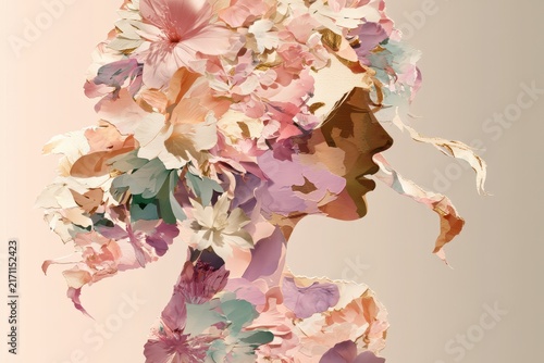 Whimsical Flower Art: Abstract Collage Featuring a Woman Shaped by Blooms and Botanicals