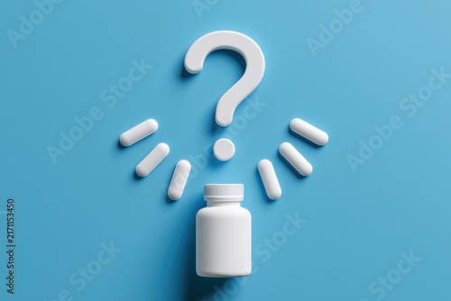 White pill bottle with scattered capsules and a question mark symbol on a light blue background representing medical uncertainty