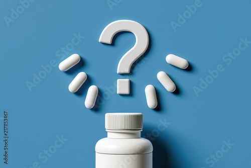 A white pill bottle with scattered capsules and a question mark symbol on a solid blue background representing medical uncertainty