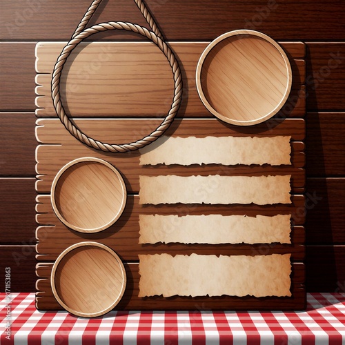 Wooden menu board with empty plates and parchment paper background  
