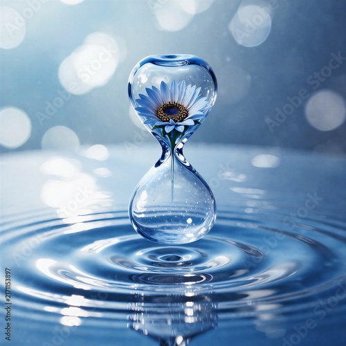 Water droplet with flower reflection creating ripples in water  