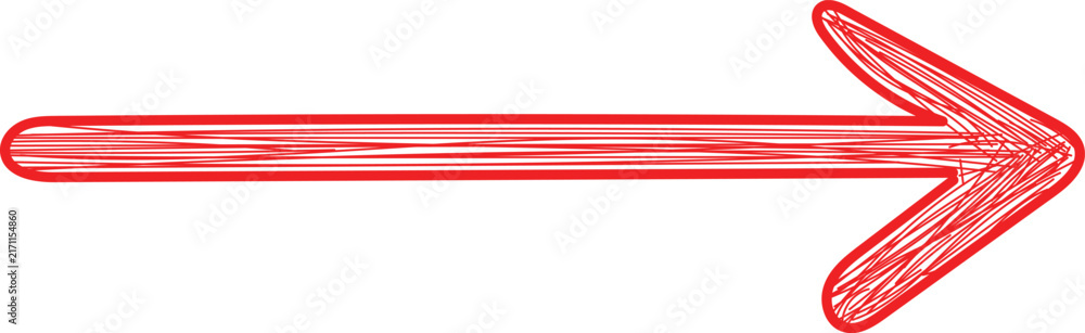 Obraz premium Long red hand drawn horizontal arrow with scribble texture for navigation and website design elements.