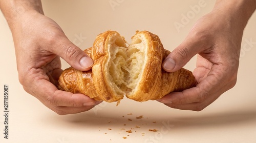 Hands pulling apart fresh buttery croissant showing flaky texture against soft neutral background with two hands gently food