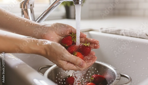 Hands washing red ripe cherries in kitchen sink