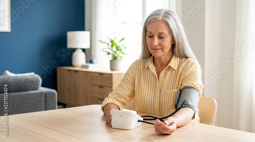 An elderly woman using a blood pressure device at home while sitting near a sofa.