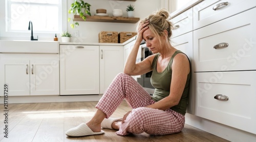 Exhausted middle-aged woman resting on floor in a bright modern kitchen.
