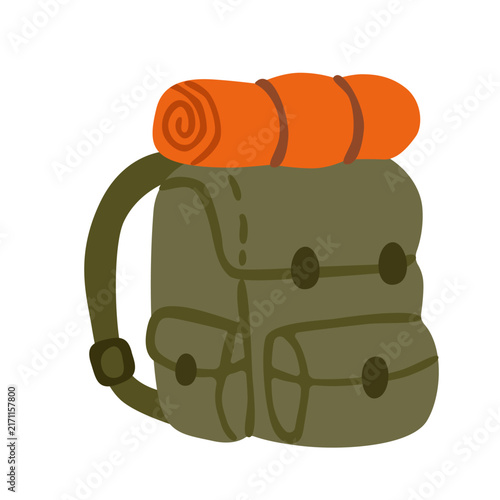 Flat vector illustration of a camping backpack with a rolled sleeping bag, straps, pockets and buckles, designed for hiking, travel and outdoor adventures, isolated on white.