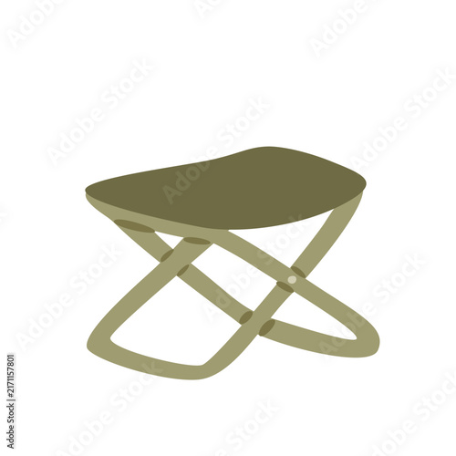 Flat vector illustration of a folding camping stool with a khaki fabric seat and crossed metal legs, designed for outdoor recreation, hiking, camping and travel, isolated on white.
