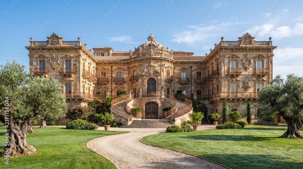 Obraz premium Baroque Italian Palace with Grand Double Staircase and Olive Trees