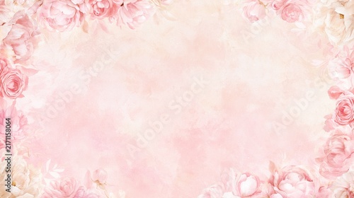 Abstract vintage floral frame with peonies and roses on pink background and text space for invitations
