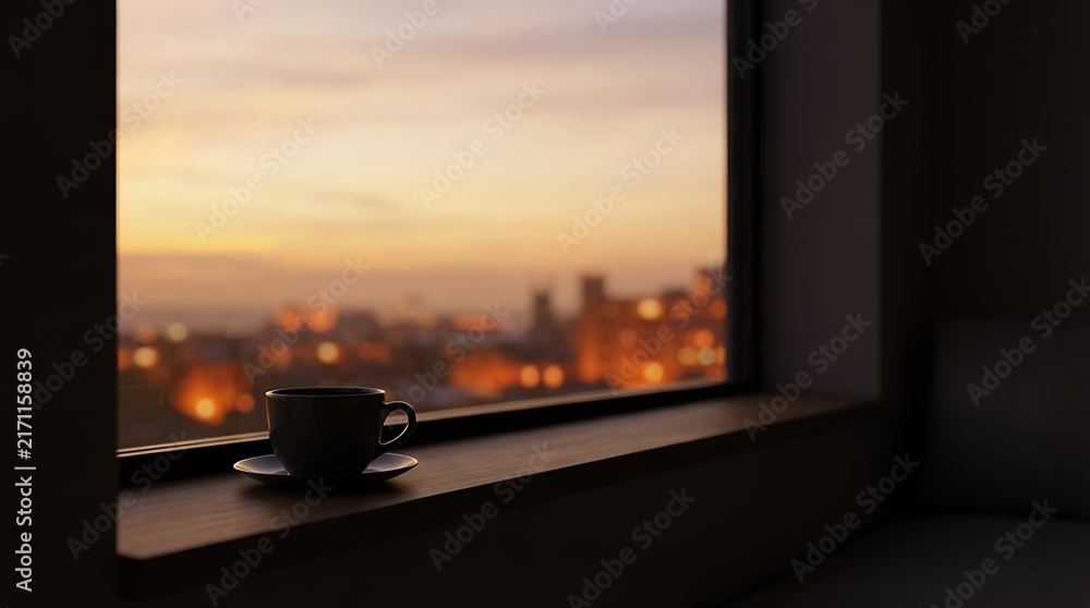 Fototapeta premium 3D render of a serene and atmospheric view from a window at sunset looking out over an evening cityscape with the black silhouette of a coffee or tea cup in the foreground creating a contemplative