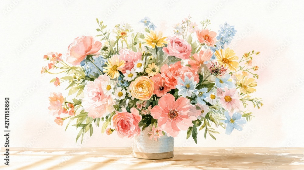 Fototapeta premium Airy summer florals: watercolor bouquet on pale paper