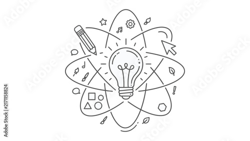 Bild auf Leinwand Idea Generation and Creativity: A bright lightbulb at the center symbolizes a brilliant idea, surrounded by whimsical icons representing various forms of creativity and innovation