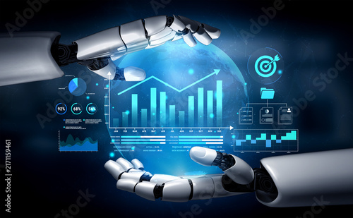 Foto Futuristic robotic hands analyzing data and visual graphs representing technology, innovation, and digital transformation in modern business environments Haptic