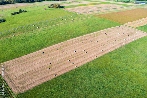 View from above of harvested grain fields and meadows in the Taunus.