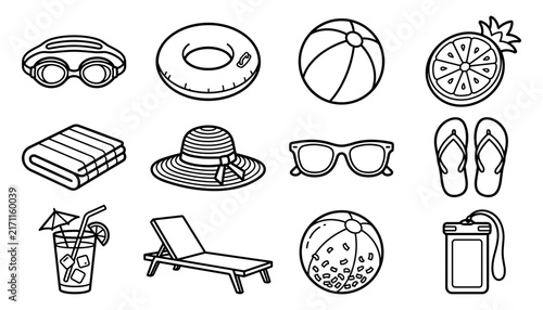 Summer Vacation Icons Set with Beach Accessories, Swimwear, and Tropical Fruits