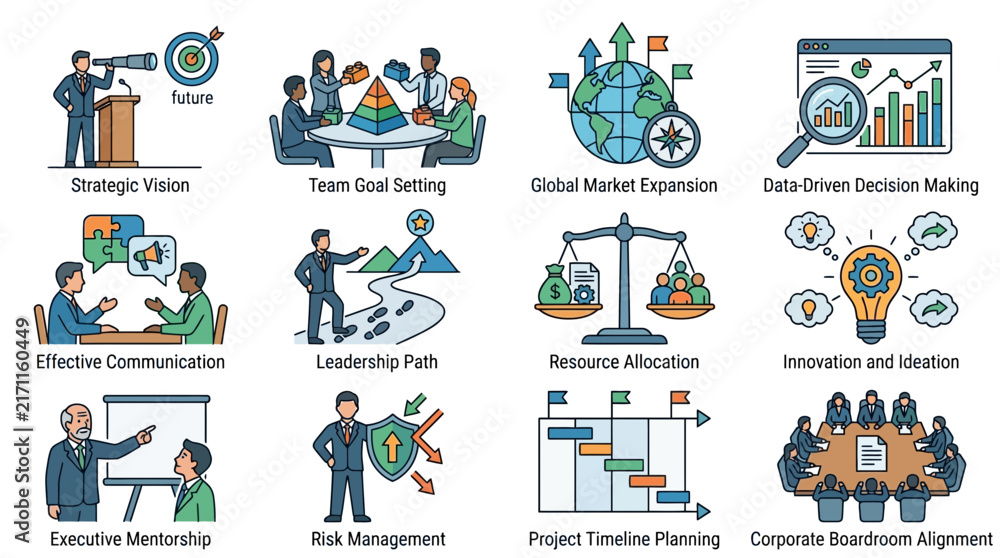 Fototapeta premium Industrial Showcasing Key Leadership and Strategic Business Concepts with Colorful Icons and Figures