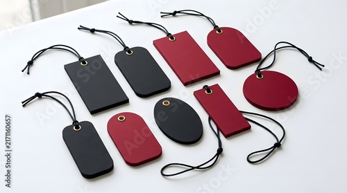 A collection of fashionable red and black luggage tags with attached black straps are neatly arranged on a spotless white background surface