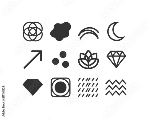 Minimalist geometric linear logo icons vector set with overlapping circles, lotus flower, diamond, crescent moon, arrow emblems