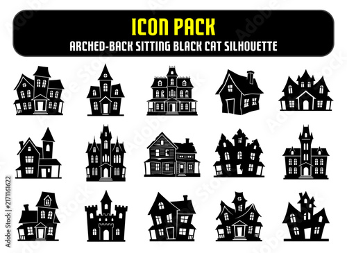 Set of fifteen hand drawn vector illustrations of spooky haunted houses for halloween design and graphic projects