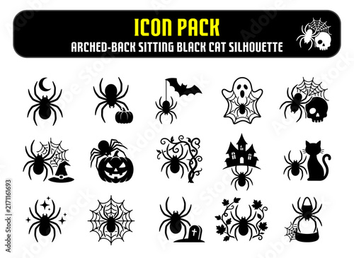 Collection of black halloween icons featuring spiders webs pumpkins bats haunted house and a sitting cat silhouette