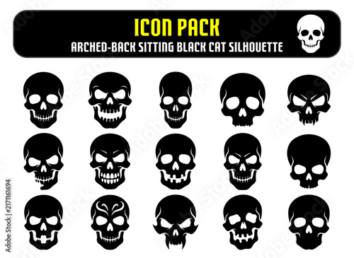 Set of fifteen hand drawn black skull icons isolated on white background for dark gothic design projects