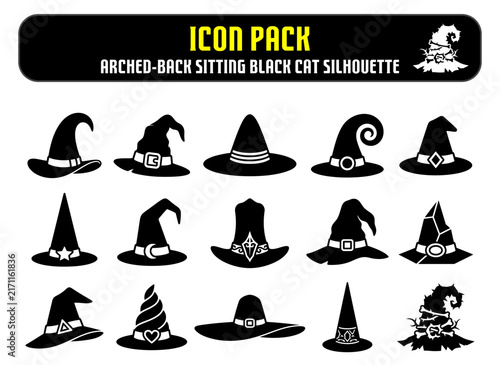 Set of various black witch hat silhouettes for halloween decorations and creative graphic design projects on white