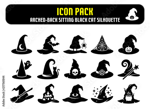 Collection of various black witch hat silhouettes featuring spooky designs for halloween party decorations and graphic projects