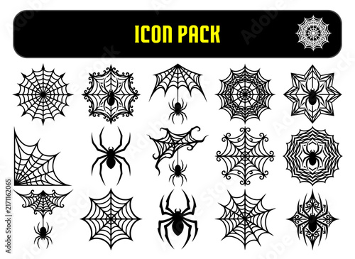 Set of black spider web and spider icons isolated on a white background for halloween design projects