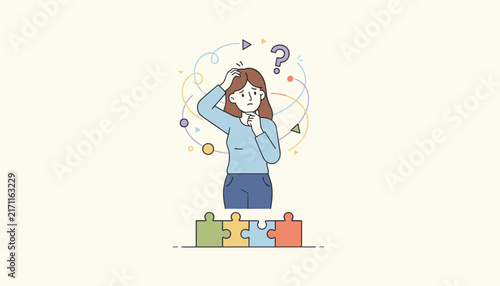 Plakat Confused woman scratching her head while trying to solve a puzzle representing complex problem solving and difficulty.