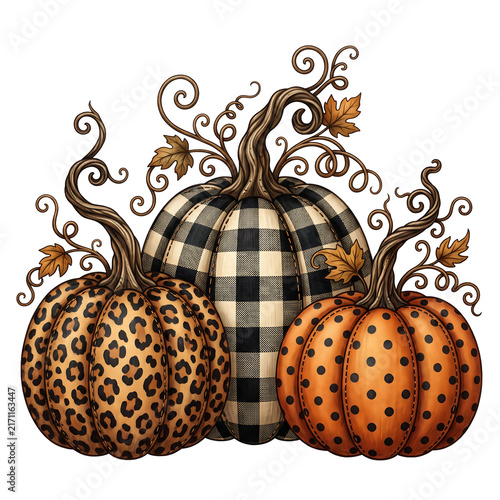 Three decorative Halloween pumpkins with leopard, buffalo plaid, and polka dot patterns.