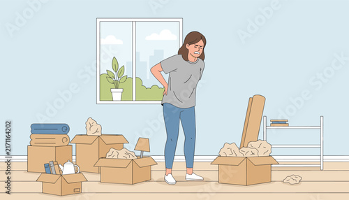 Woman experiencing severe lower back pain while unpacking cardboard moving boxes in her new living room apartment.
