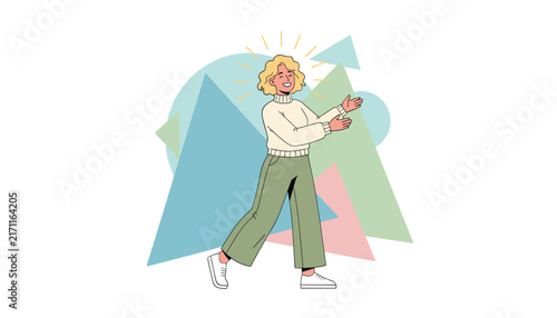 Smiling young woman with a glowing halo or aura of ideas standing proudly in front of colorful geometric shapes.
