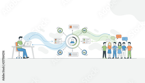 Professional developer working on a laptop connected to a remote team of diverse business people via a digital network.