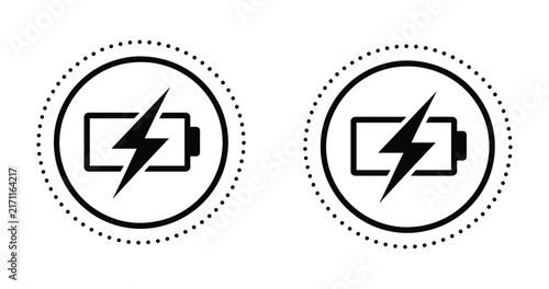 Battery Charging Icon Duo: A minimalist graphic design featuring two identical icons depicting a battery with a lightning bolt symbolizing power and energy, suggesting charging or electricity.