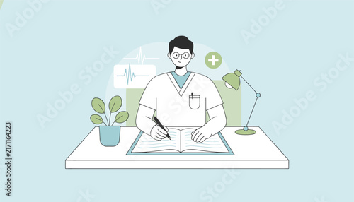 Professional young doctor wearing glasses sitting at his desk and writing notes in a medical journal or register book.