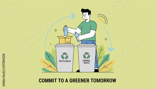 Young eco friendly man sorting plastic bottles into recycling and general waste bins for a greener future tomorrow.